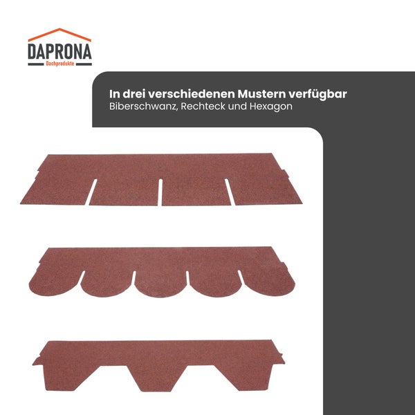 Daprona Dachschindeln in drei verschiedenen Mustern verfügbar: Biberschwanz, Rechteck und Hexagon.