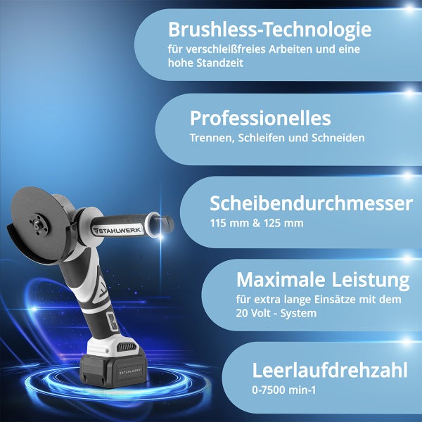 STAHLWERK Akku-Winkelschleifer mit Informationen zu Brushless-Technologie, professionellem Trennen, Schleifen und Schneiden, Scheibendurchmesser, maximaler Leistung und Leerlaufdrehzahl.