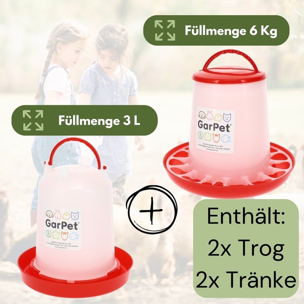 Zwei Futtertröge und zwei Tränken für Hühner mit einem Fassungsvermögen von 3 Litern und 6 Kilogramm