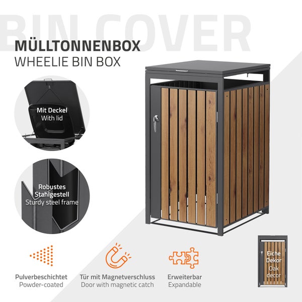 Mülltonnenbox mit Eiche-Dekor und Stahlgestell, inklusive Deckel, Magnetverschluss für die Tür und Erweiterungsoption.