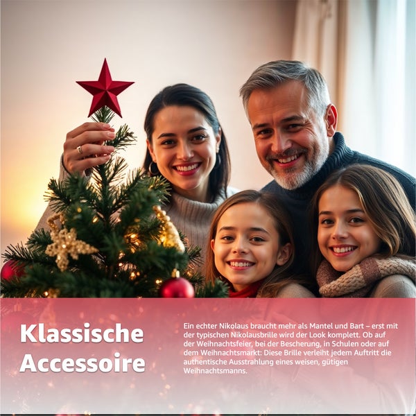 Familie mit Weihnachtszubehör und geschmücktem Weihnachtsbaum.
