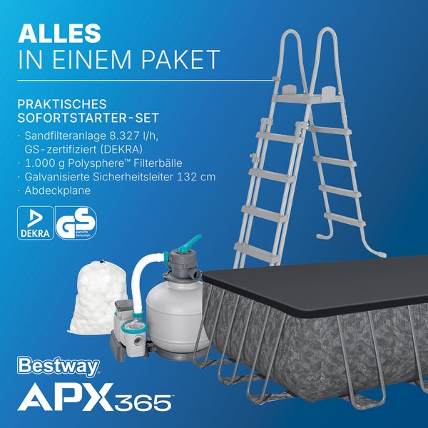 Bestway APX365 Schwimmbad Komplettset mit Sandfilteranlage, Sicherheitsleiter, Filterbällen und Abdeckplane