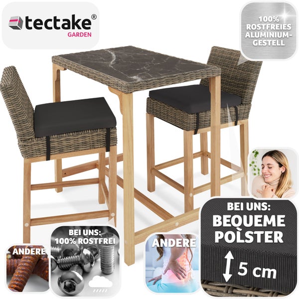 Rattan Tisch Kutina mit 2 Stühlen Latina tectake  Beine aus Holz mit Aluminiumgestellen natur