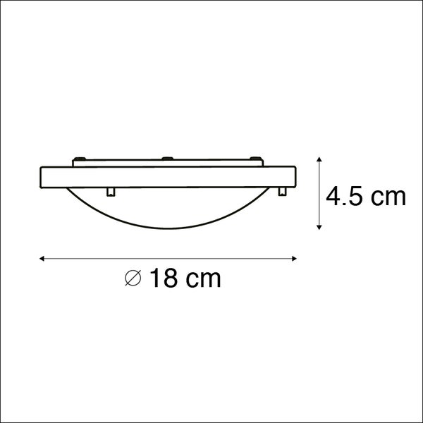 Technische Zeichnung einer Deckenleuchte mit einem Durchmesser von 18 Zentimetern und einer Höhe von 4,5 Zentimetern.