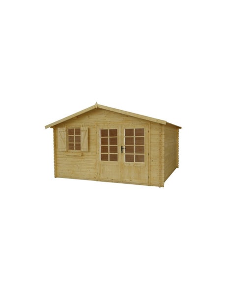 Gartenhaus aus Holz mit Satteldach, Doppeltür mit Lichtausschnitten und einem Fenster mit Fensterläden.