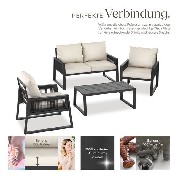 Vierteiliges Garten-Lounge-Set aus schwarzem Aluminium mit Seilbesatz, bestehend aus Sofa, zwei Sesseln mit beigen Polstern und Couchtisch.