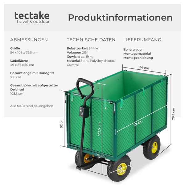 Bollerwagen tectake  Belastbarkeit 544 kg mit klappbaren Seitenwänden grün