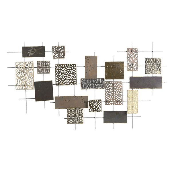 Wanddekoration aus Metall mit rechteckigen Elementen und filigranen Mustern