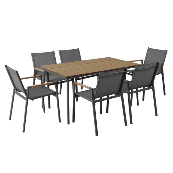 Gartenmöbel-Set bestehend aus einem Esstisch mit Tischplatte in Holzoptik und sechs Stühlen mit Metallgestell und Textilbespannung.