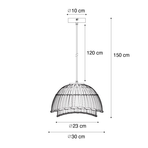Technische Zeichnung einer Pendelleuchte mit den Maßen 10, 23, 30, 120 und 150 Zentimeter.