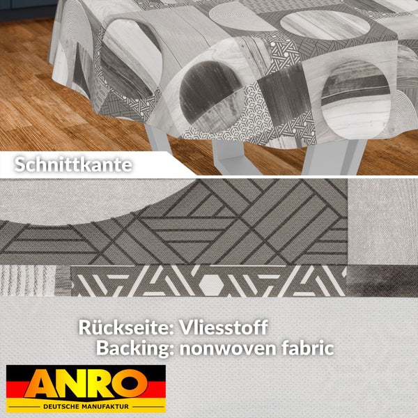 Wachstuch mit geometrischem Muster, Schnittkante und Rückseite aus Vliesstoff. ANRO Logo.