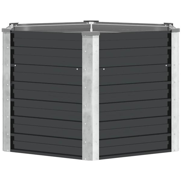 Sechseckiges Hochbeet aus Metall mit verzinkten Eckpfosten und Paneelen für den Gartenbau.