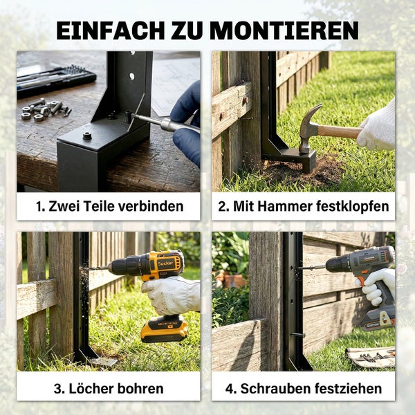 Montageanleitung für einen Zaunbeschlag in vier Schritten: Teile verbinden, mit Hammer festklopfen, Löcher bohren und Schrauben festziehen.