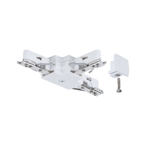 Schienenverbinder 3-Wege-Verteiler für Schienensysteme inklusive Endkappe und Befestigungsschraube aus Kunststoff und Metall.