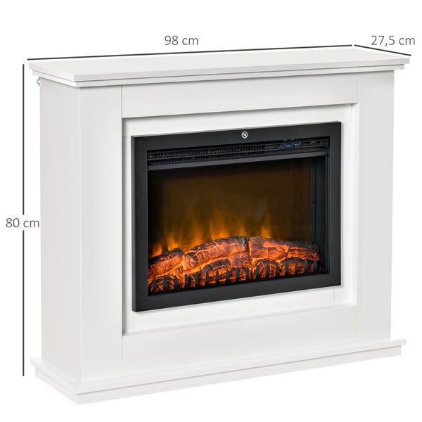Elektrischer Kamin in Weiß mit Flammen-Effekt, Breite 98 Zentimeter, Höhe 80 Zentimeter, Tiefe 27,5 Zentimeter.
