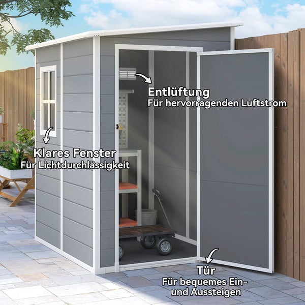 Gartenhaus mit Fenster und geöffneter Tür für bequemen Zugang