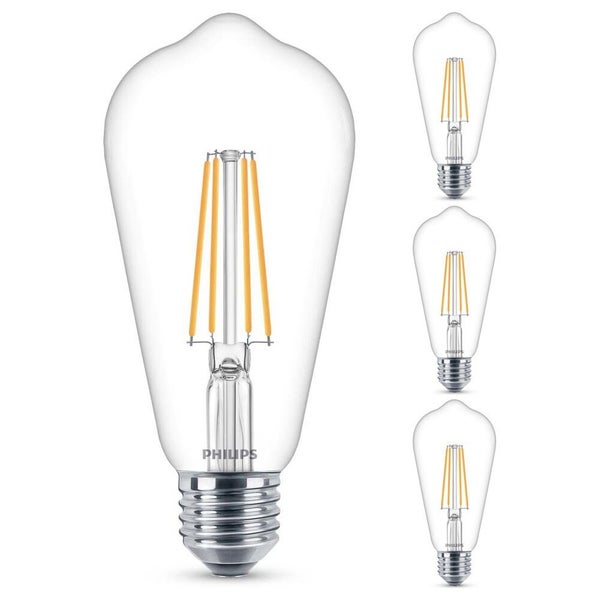 Philips LED Lampe ersetzt 60W, E27 Edisonform ST64, klar, warmweiß, 806 Lumen, nicht dimmbar, 4er Pack