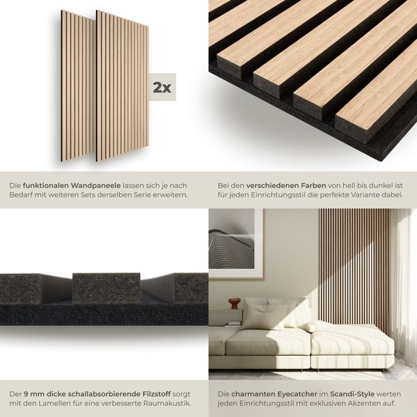 Produktbild von zwei Holzpaneelen zur Wandverkleidung mit schallabsorbierendem Filz