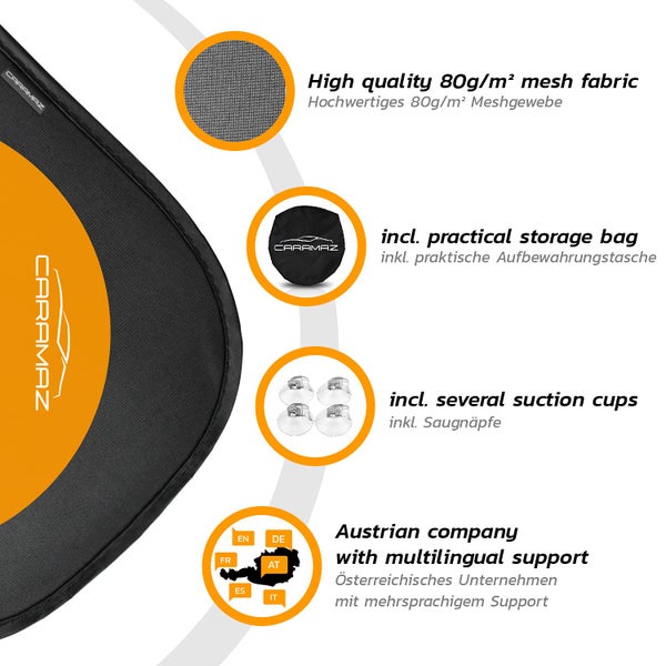 Caramaz Logo auf Autosonnenschutz aus 80 Gramm pro Quadratmeter Mesh-Gewebe inklusive Tasche und Saugnäpfen. Österreichisches Unternehmen.