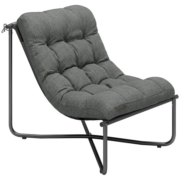 Loungesessel mit grauem gestepptem Polster und schwarzem Metallgestell.