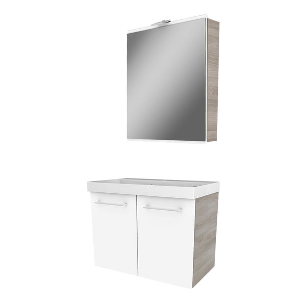 FACKELMANN LIMA Badmöbel Set 3 Teile / Gussmarmor Waschbecken / Waschbeckenunterschrank mit 2 Türen / LED Spiegelschrank / Badschrank mit Soft-Close / Korpus: Braun hell / Front: Weiß / Breite: 60 cm