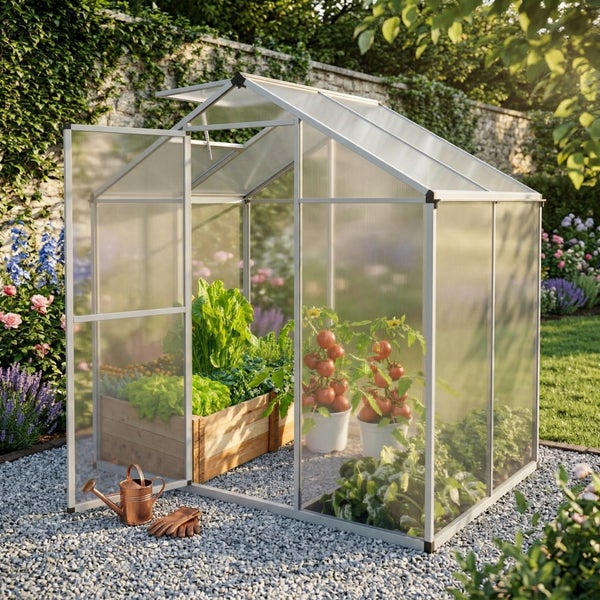 Gartengewächshaus aus Aluminium mit Polycarbonatplatten, bepflanzt mit Tomaten und Salat in einem Hochbeet.
