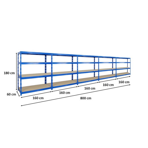 PROREGAL Mega Deal 5x Profi Schwerlastregal Rhino HxBxT 180 x 160 x 60 cm 4 Spanplatten-Ebenen 8mm Fachlast 500 kg Blau