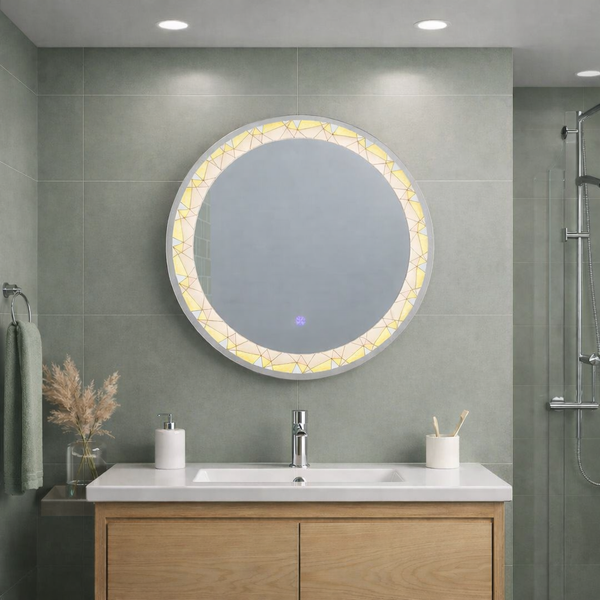 Runder LED-Badezimmerspiegel mit Mosaik-Beleuchtung über Holzwaschtisch und weißem Waschbecken in modernem, grau gefliestem Badezimmer.