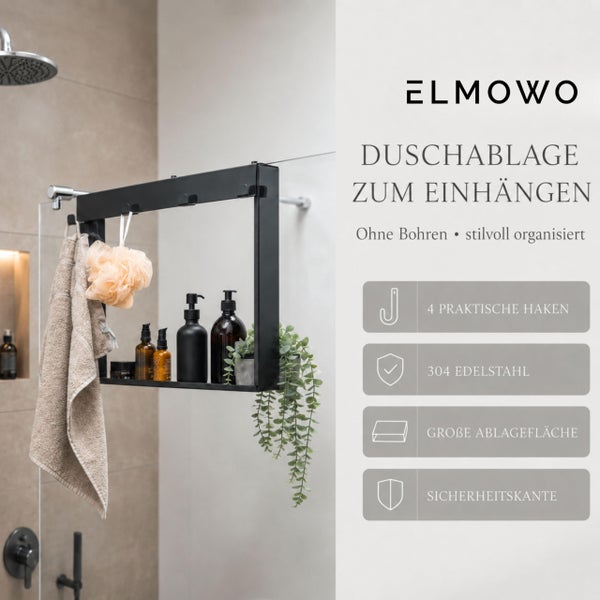 Duschablage zum Einhängen von ELMOWO aus Edelstahl ohne Bohren mit Haken und Ablagefläche für das Badezimmer.