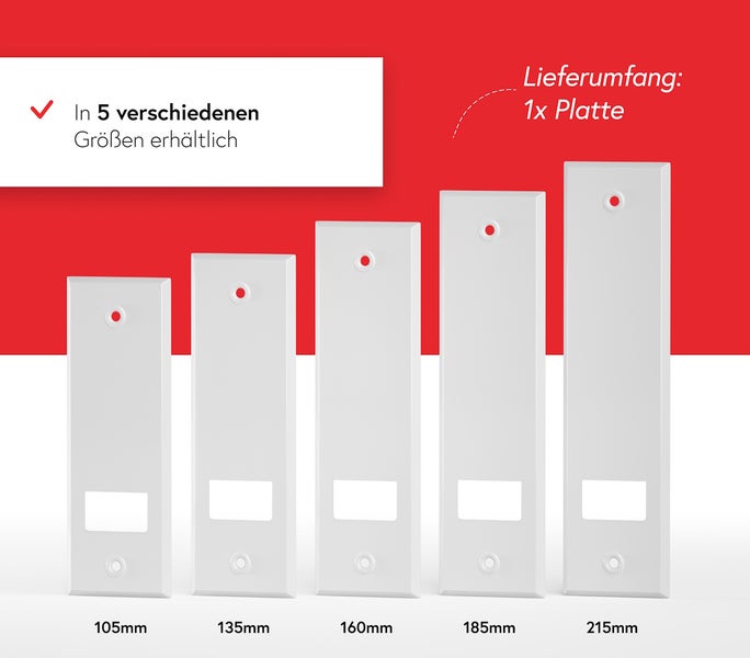 Fünf Platten in verschiedenen Größen: 105 mm, 135 mm, 160 mm, 185 mm und 215 mm.