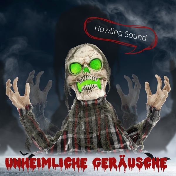 HOMCOM 70cm Halloween Dekoration Skelett Halbkörper Figur mit LED-Lichter, Soundfunktion, Haustür Deko mit verstellbare Arme, Halloween Horror Ornamente für Halloween Party