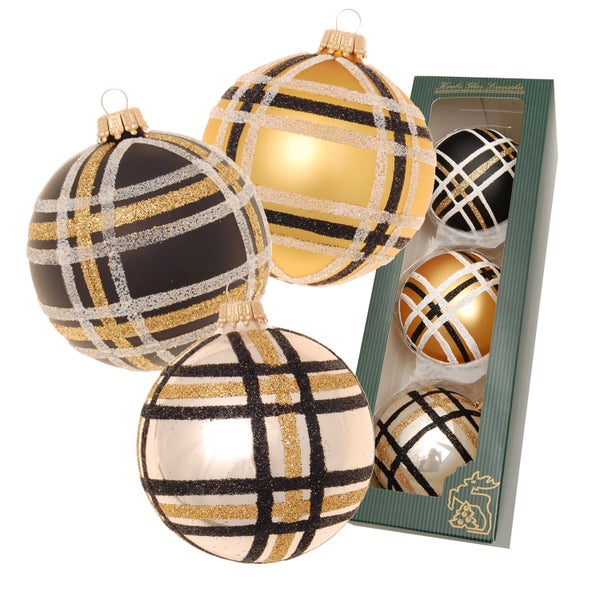 Elfenbein/Schwarz/Gold 8cm Glaskugel, 3 Stck., Weihnachtsbaumkugeln, Christbaumschmuck, Weihnachtsbaumanhänger
