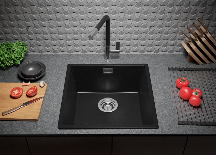 PRIMAGRAN Spülbecken Alles Schwarz 46x47cm, Granitspüle 1 Becken + Ablauf-Set, Küchenspüle ab 50er Unterschrank - London Slim