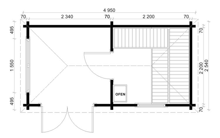 Grundriss einer Sauna mit Ofen, Sitzbänken und Maßangaben in Millimetern.