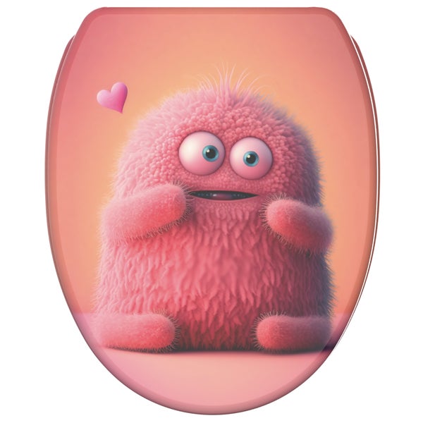 Sanilo WC-Sitz mit rosa Monster-Motiv, Montage von oben, abnehmbar, robust, über eine Million zufriedene Kunden, Design aus Deutschland, Sanilo Logo.