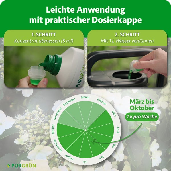 Anwendungshinweise und Dosierempfehlung für Purgrün Düngerkonzentrat mit Dosierkappe und ganzjährigem Anwendungszeitraum für Gartenpflanzen.