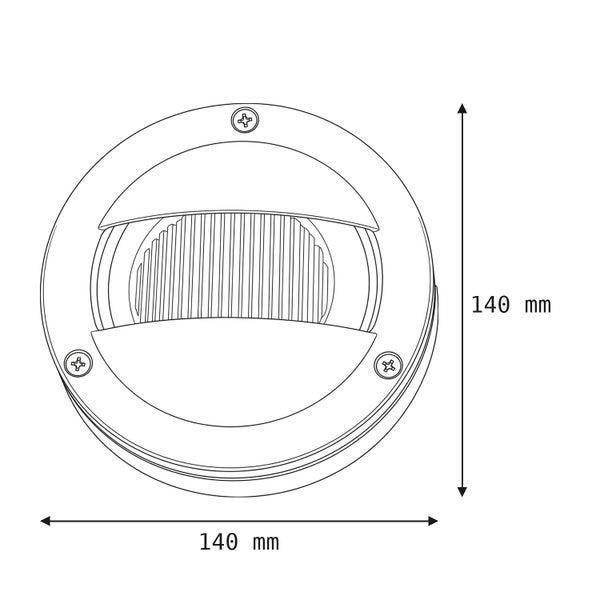 Runde Außenwandleuchte mit Abmessungen von 140 Millimeter Breite und 140 Millimeter Höhe.