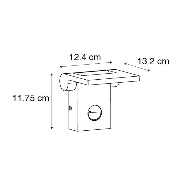 Maßzeichnung einer Wandleuchte mit einer Breite von 12,4 Zentimeter, einer Tiefe von 13,2 Zentimeter und einer Höhe von 11,75 Zentimeter.