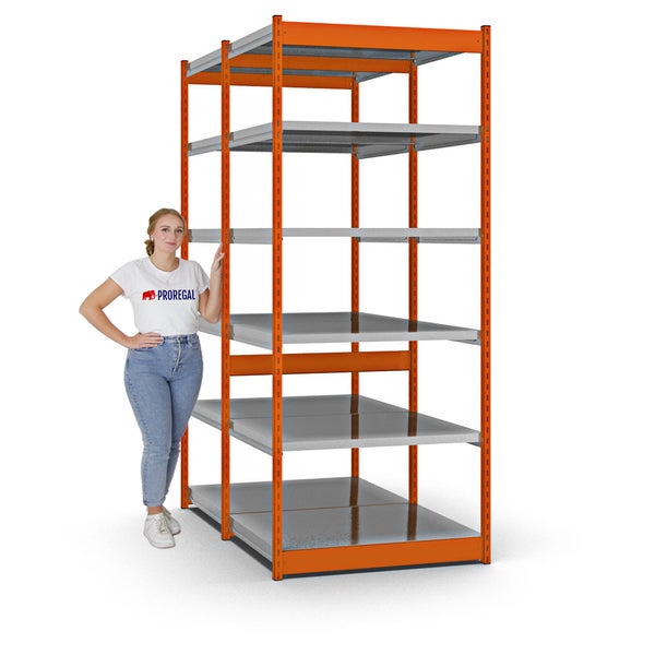 PROREGAL Fachbodenregal Stecksystem Vierkant-Profil Grundregal HxBxT 250 x 102,5 x 80 cm 2x6 Ebenen Doppelseitige Bauart Fachlast 200 kg Orange