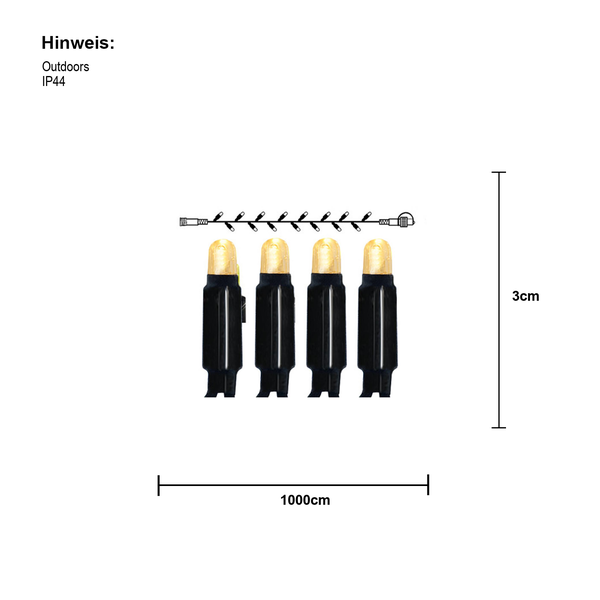 Abbildung einer 1000 cm langen Lichterkette mit 3 cm langen Lampen zur Verwendung im Außenbereich mit Schutzart IP44