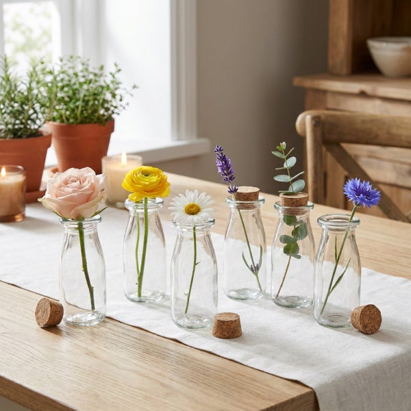 Sechs kleine Glasflaschen mit Korkverschluss als Vasen für Einzelblumen auf einem Holztisch mit Tischläufer arrangiert.