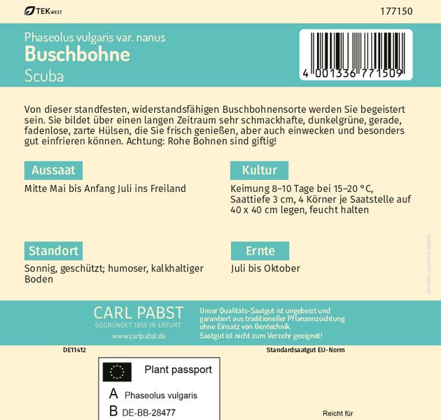 Rückseite der Samenpackung Carl Pabst Buschbohne Scuba mit Anbauanleitungen, Pflanzenpass, TEKWEST Logo und Carl Pabst Logo.