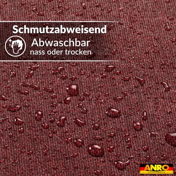 Schmutzabweisende und abwaschbare Oberfläche, nass oder trocken zu reinigen. ANRO Logo.