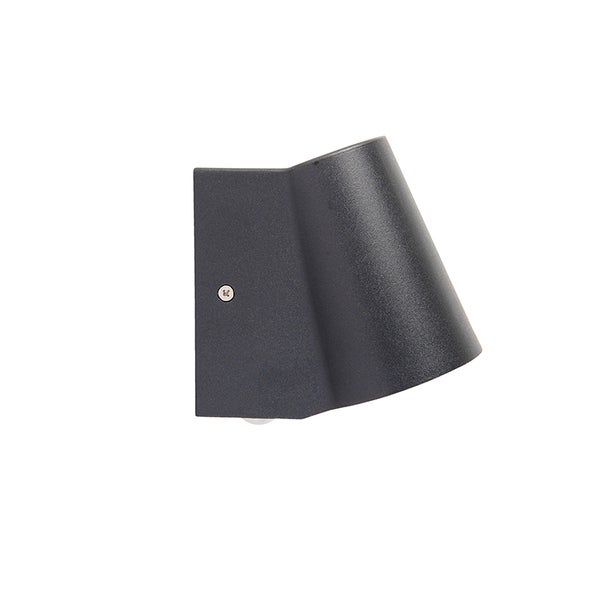 Moderne Außenwandleuchte aus Metall in Anthrazit mit Bewegungsmelder und schrägem Gehäuse für die Fassadenbeleuchtung.