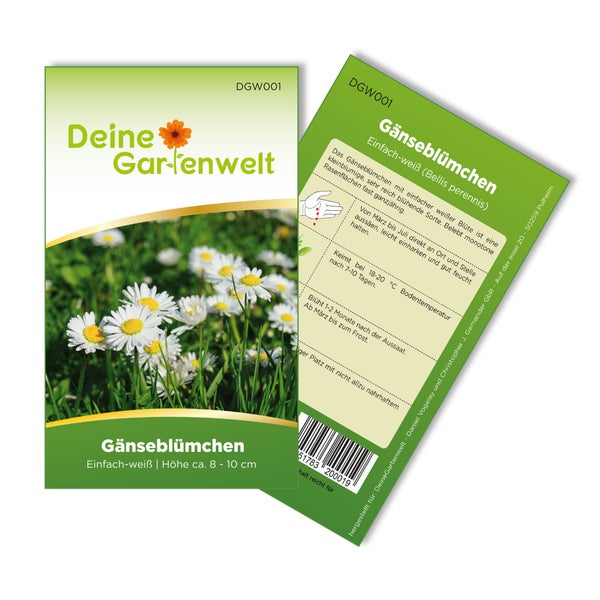 Samenpackung für Gänseblümchen Einfach-weiß der Marke Deine Gartenwelt, Wuchshöhe circa 8 bis 10 cm, Vorder- und Rückseite mit Produktabbildung und Aussaathinweisen.