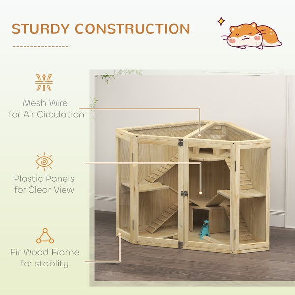 PawHut Hamsterkäfig aus Holz, Nagerkäfig mit 4 Ebenen, Hütten, Wippe, Kleintierstall mit Fütterungsstation, Rampe, Kleintierkäfig Mäusekäfig für Zwerg- und Syrische Hamster, 115 x 69,5 x 79 cm