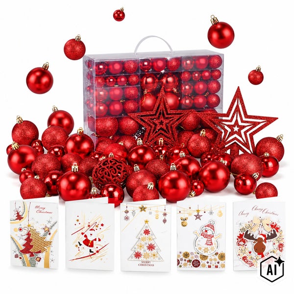 Weihnachtsbaumschmuck Set mit Christbaumkugeln, Sternen und Grußkarten