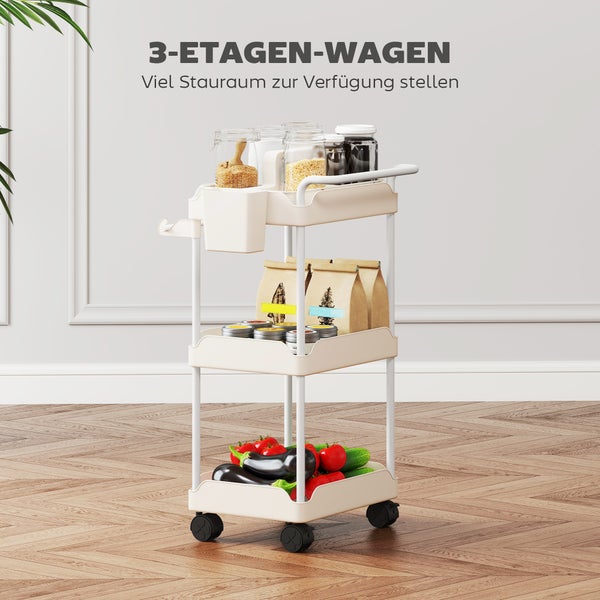Heller dreistöckiger Rollwagen mit drei Etagen, beladen mit Vorratsgläsern, Tüten und Gemüse in einem hellen, organisierten Raum mit Parkettboden.