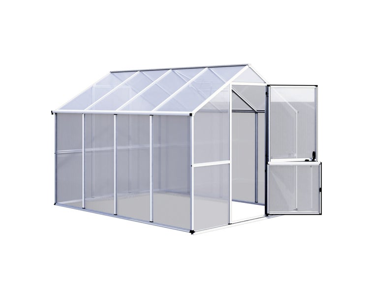 Silbernes Gewächshaus aus Aluminium mit Hohlkammerplatten und einer geöffneten, zweigeteilten Tür.