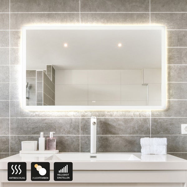 Home Deluxe - LED-Spiegel NOLA - Rechteckig 80 x 60 cm - 3 verschiedene Lichtfarben, Antibeschlagssystem - 38 Watt Gesamtleistung I Wandspiegel Badspiegel Badezimmerspiegel